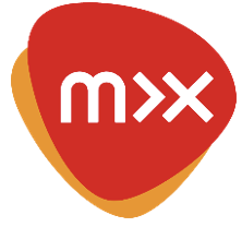 Logo von mX in rot und orange mit stilisierten Buchstaben.