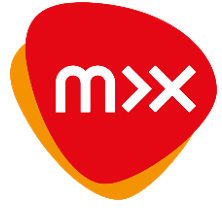 Logo von mX in rot und orange mit stilisierten Buchstaben.