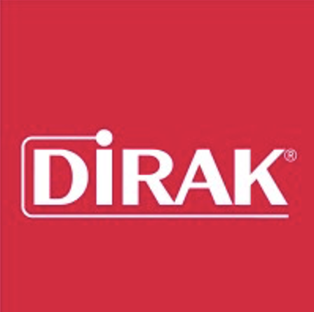 Logo von DIRAK auf rotem Hintergrund mit weißem Schriftzug.