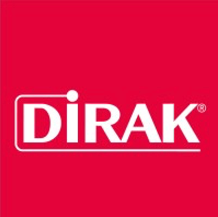 Logo von DIRAK auf rotem Hintergrund mit weißem Schriftzug.