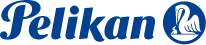 Logo von Pelikan in blauer Schrift mit stilisierter Feder.