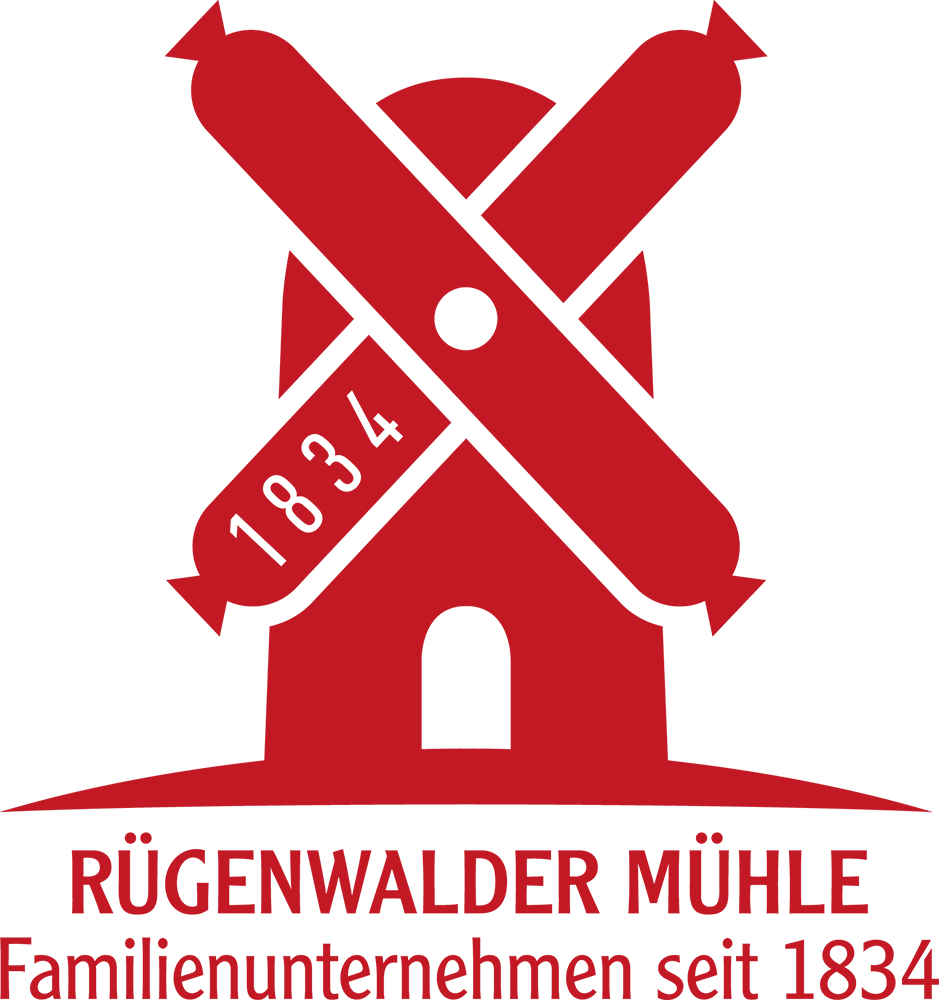 Logo der Mühle in roter Farbe auf weißem Hintergrund.