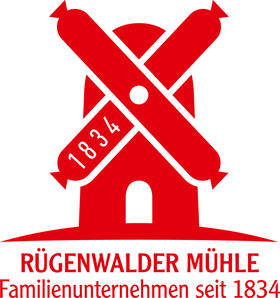 Logo der Mühle in roter Farbe auf weißem Hintergrund.