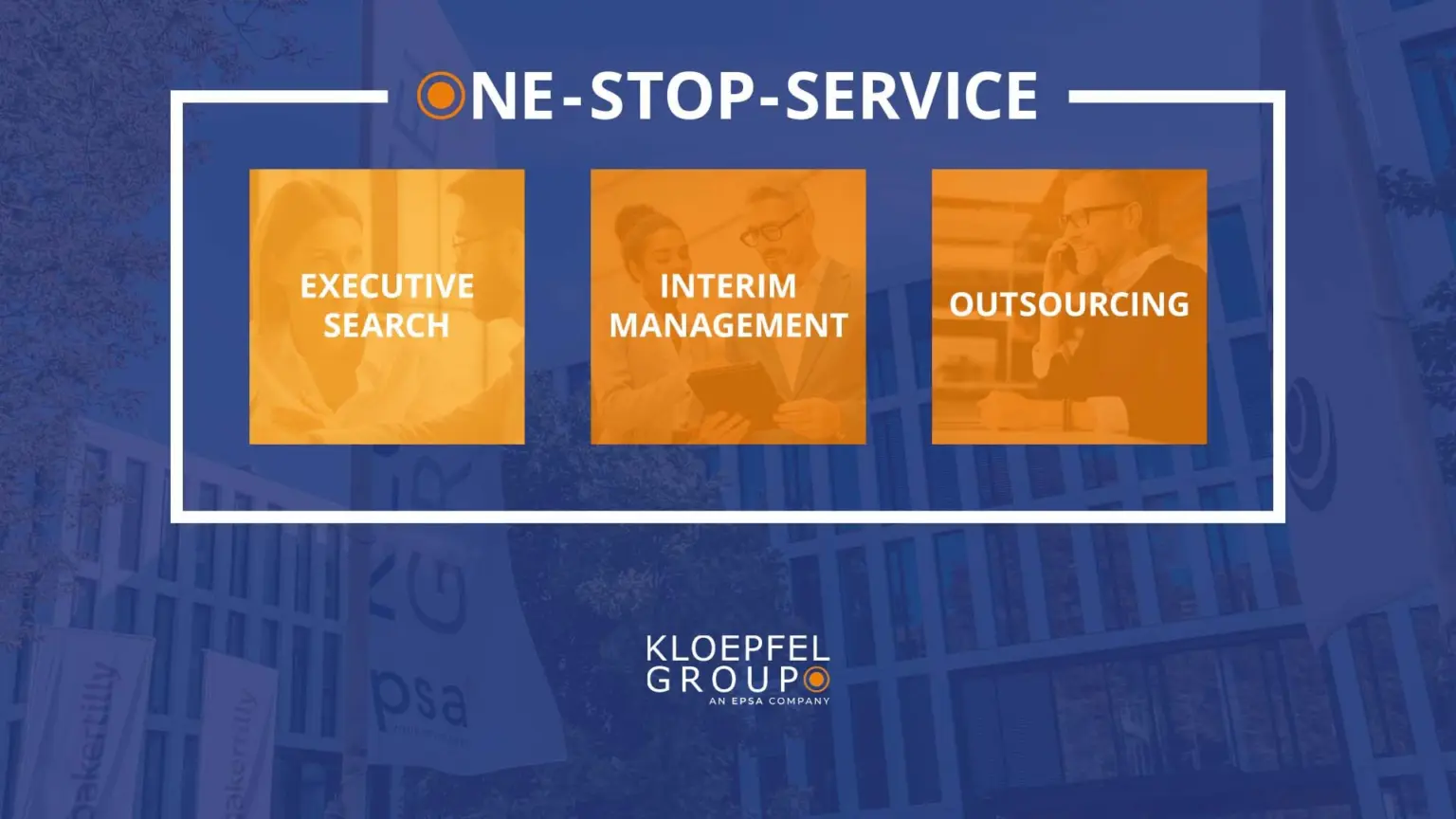 Grafik mit den Dienstleistungen Executive Search, Interim Management und Outsourcing der KLOEPFEL GROUP.