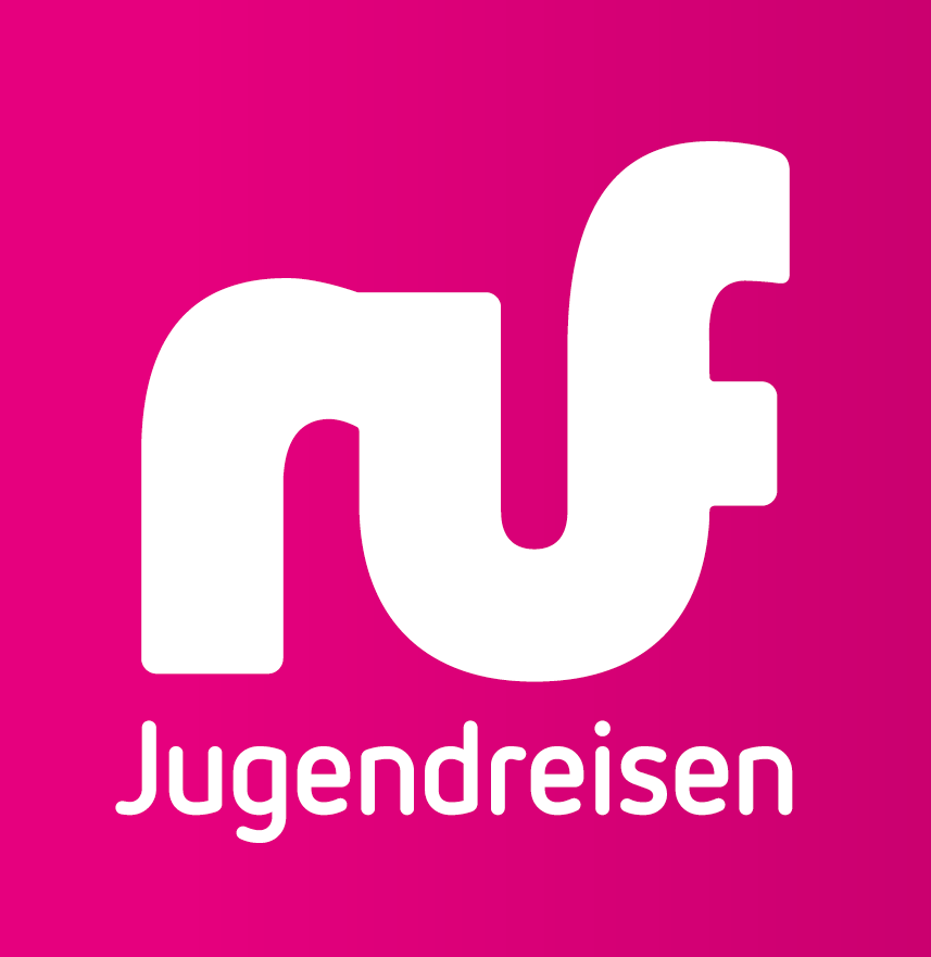 Logo von Ruf Jugendreisen auf einem pinken Hintergrund.