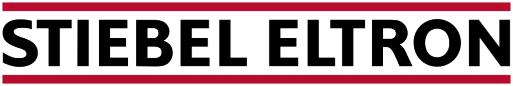 Logo von Stiebel Eltron auf schwarzem Hintergrund mit rotem Rahmen.