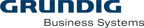 Logo von Grundig Business Systems in blauer Schrift auf weißem Hintergrund.