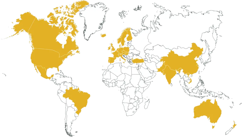 Carte du monde avec les régions surlignées en jaune sur fond blanc.