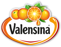 Logo von Valensina mit Orangen und Tropfen, die aus einer Orange fließen.