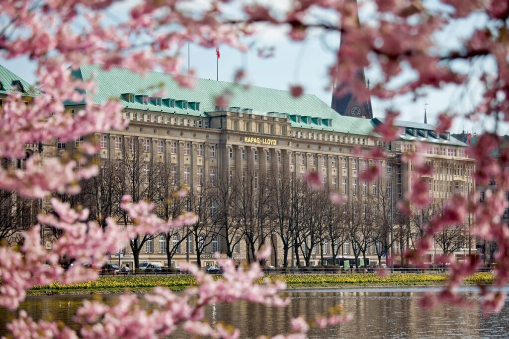 Hapag-Lloyd Gebäude im Hintergrund, umgeben von blühenden Kirschbäumen.