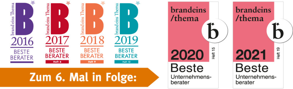 Auszeichnungen für die besten Unternehmensberater von 2016 bis 2021 in verschiedenen Farben und Designs.