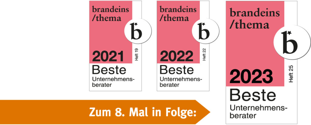 Drei Auszeichnungen für die besten Unternehmensberater der Jahre 2021, 2022 und 2023.