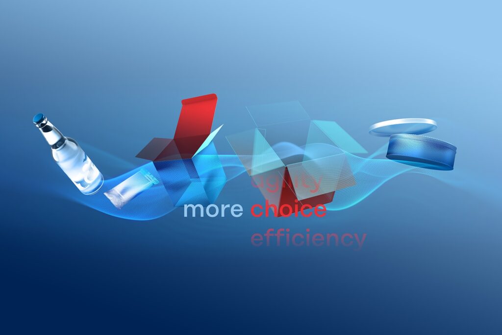 Grafische Darstellung mit einem Wasserbehälter und verschiedenen Formen in Blau und Rot, die Effizienz und Wahlmöglichkeiten symbolisieren.