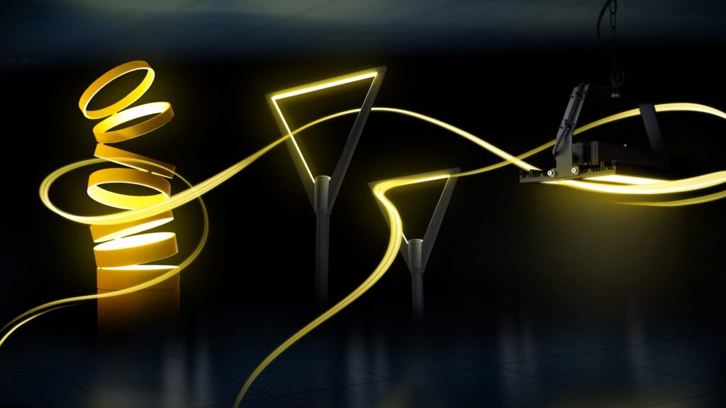 Moderne Lichtinstallationen mit gelben Lichtakzenten in verschiedenen geometrischen Formen.