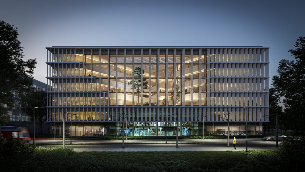 Architecture moderne du bâtiment Merck avec une façade transparente et plusieurs étages.
