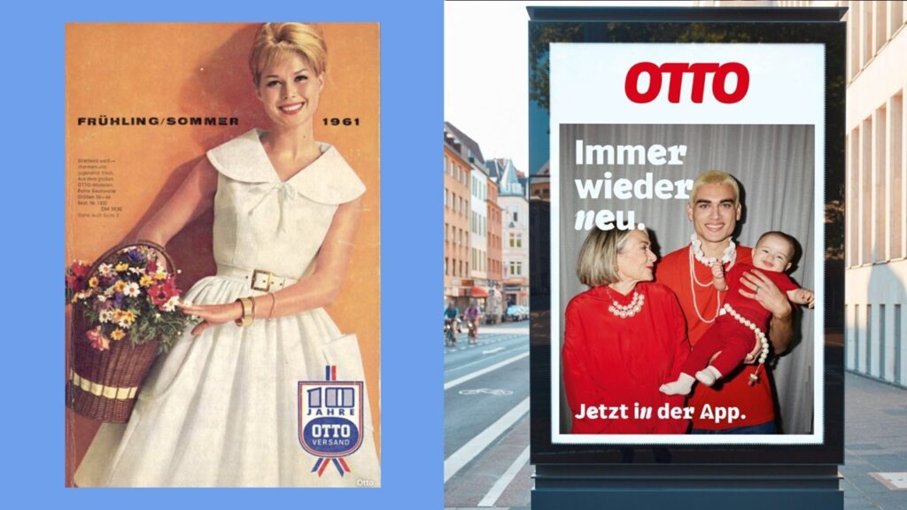 Zwei Bilder nebeneinander: links eine Frau in einem weißen Kleid mit einem Korb, rechts ein modernes OTTO Werbeplakat.