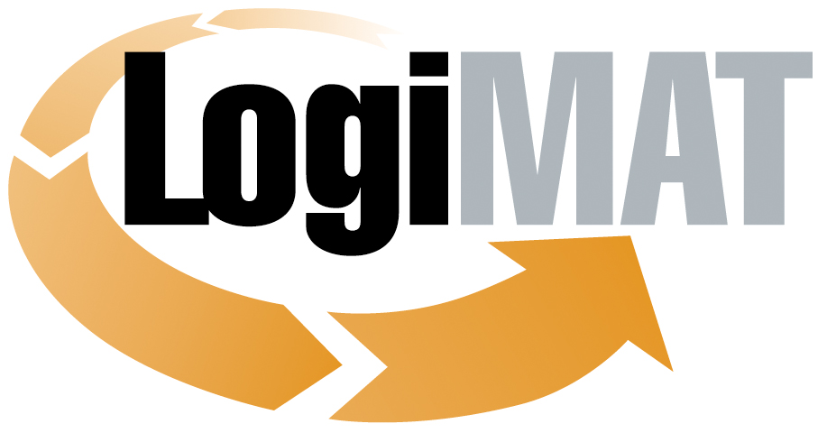 Logo von LogiMAT mit einem orangefarbenen Pfeil und grauem Text.