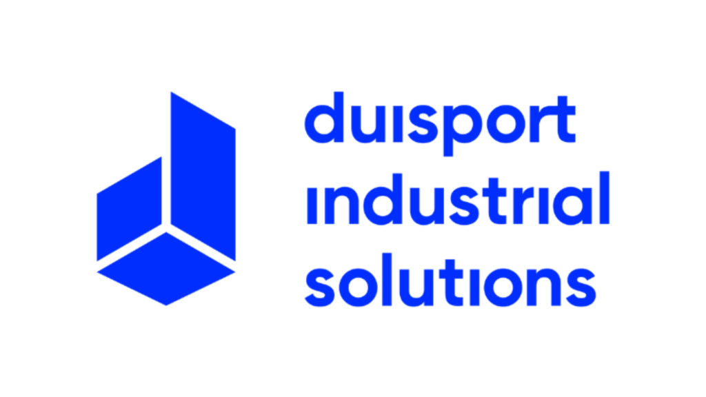 Logo von Duisport Industrial Solutions in blauer Schrift mit geometrischen Formen.