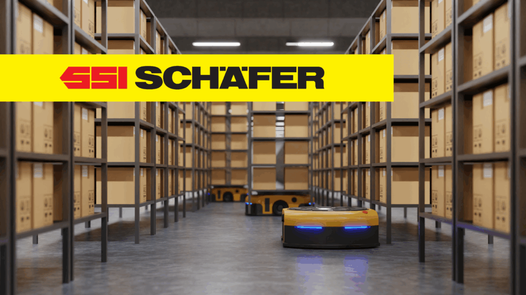 Automatisierte Lagerroboter von SSI Schäfer in einem Lager mit Regalen voller Kartons.