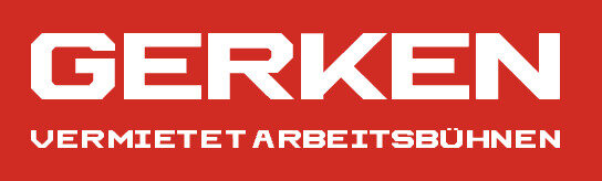 Logo von Gerken mit dem Text 'Vermietet Arbeitsbühnen' auf rotem Hintergrund.