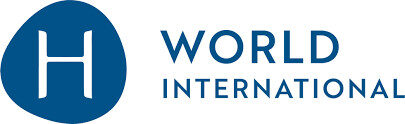 Logo von World International mit einem blauen Buchstaben H und einem grafischen Element.