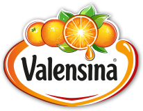 Logo von Valensina mit Orangen und einem Tropfen Saft auf schwarzem Hintergrund.