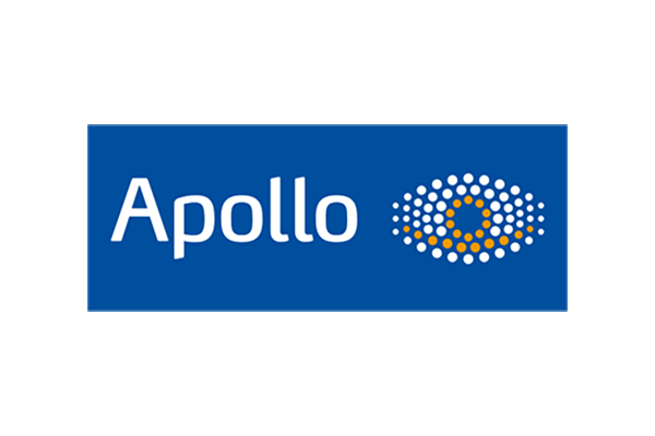 Logo von Apollo mit blauer Hintergrundfarbe und gelben Punkten.