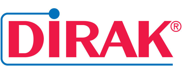 Logo von DIRAK in roter Schrift mit blauer Umrandung und Punkt.