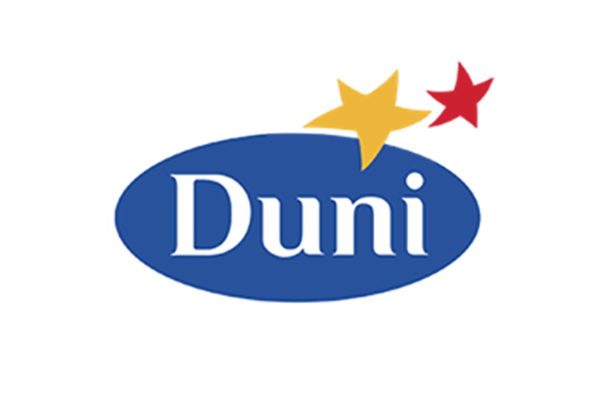 Logo von Duni mit blauem Hintergrund, gelben und roten Sternen.