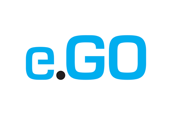 Logo von e.GO in blauer Schrift auf weißem Hintergrund.