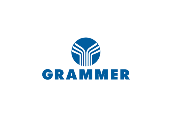 Logo de Grammer avec des éléments de design bleus et blancs sur fond blanc.