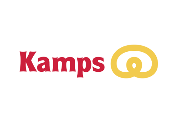 Logo von Kamps mit rotem Schriftzug und gelbem Symbol.