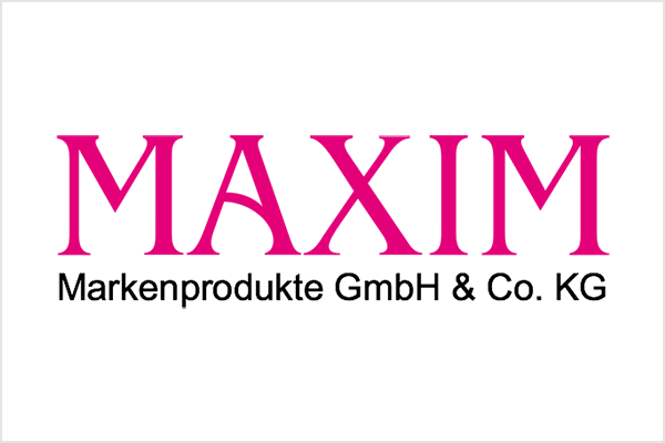 Logo de MAXIM Markenprodukte GmbH &amp; Co. KG en lettres roses sur fond blanc.
