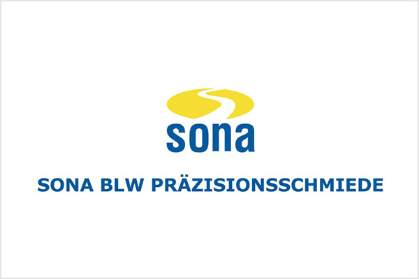 Sona BLW Präzisionsschmiede logo with yellow and blue lettering on a white background.