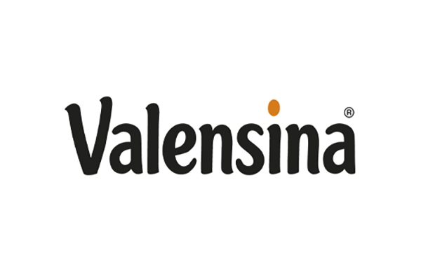 Logo von Valensina mit schwarzer Schrift und orangefarbener Akzentmarkierung.