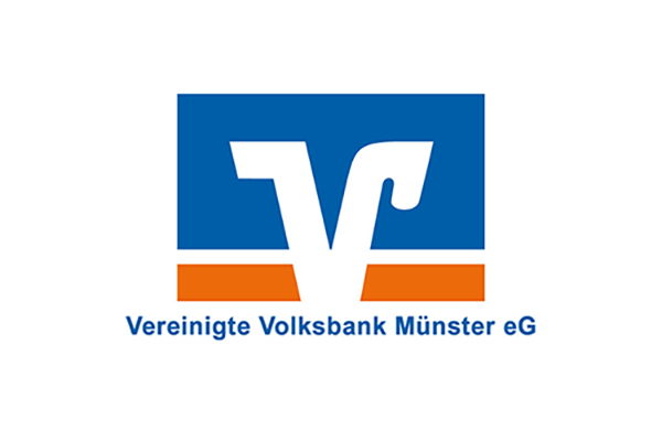 Logo der Vereinigten Volksbank Münster eG mit blauer und orangefarbener Gestaltung.