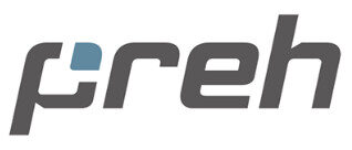 Logo von Preh in grauer Schrift mit einem blauen Quadrat.