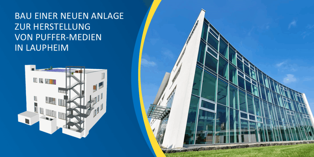 Neues Gebäude zur Herstellung von Puffer-Medien in Laupheim mit moderner Architektur und Treppenanlage.