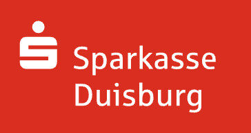 Logo der Sparkasse Duisburg auf rotem Hintergrund mit weißem Symbol.