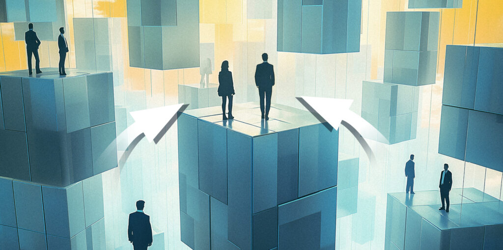 Abstrakte Illustration von Silhouetten von Menschen auf geometrischen Formen in verschiedenen Höhen.