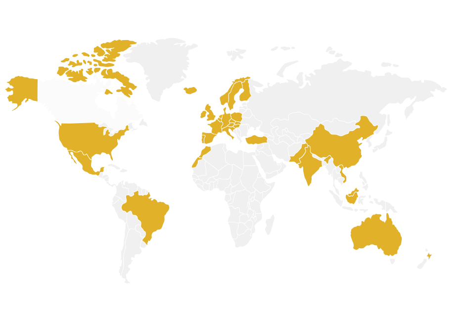 Weltkarte mit Ländern in Gelb hervorgehoben und anderen in Weiß dargestellt.