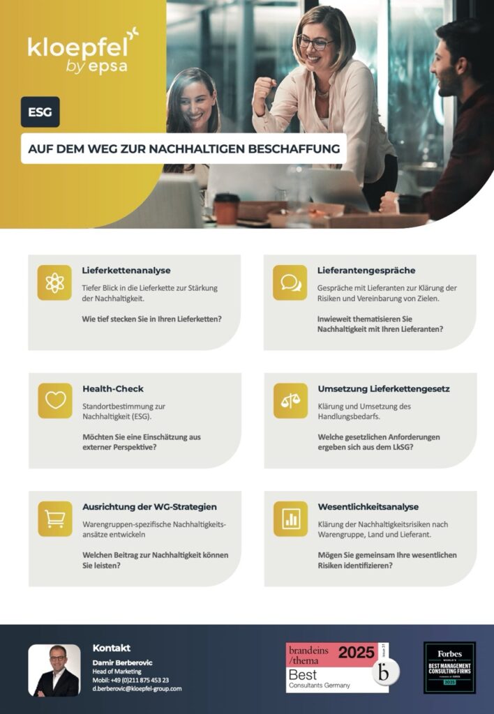 ESG-Dokument mit verschiedenen Abschnitten zur nachhaltigen Beschaffung von KLOEPFEL by EPSA.