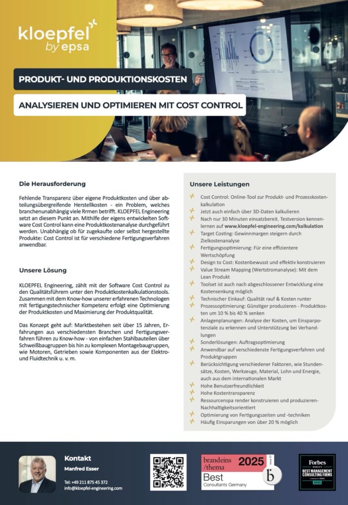 Ein Dokument, das die Analyse und Optimierung von Produkt- und Produktionskosten mit Cost Control beschreibt.