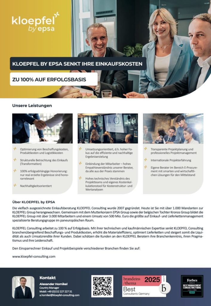 Ein Informationsblatt von KLOEPFEL by EPSA mit Dienstleistungen zur Senkung von Einkaufskosten.