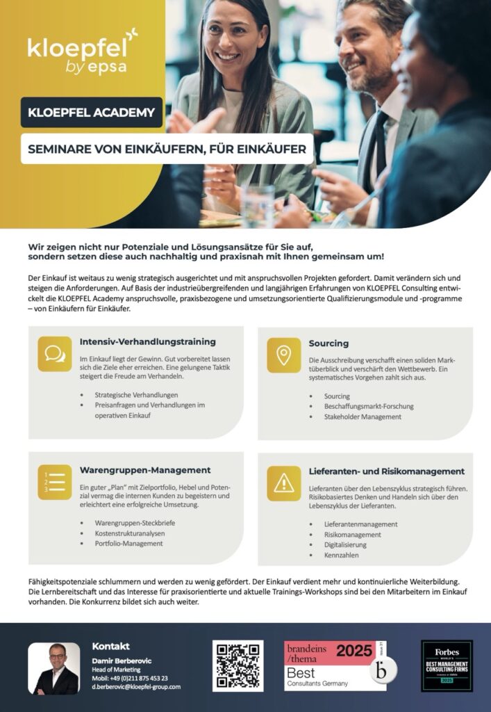 Übersicht der KLOEPFEL Academy Seminare für Einkäufer mit verschiedenen Themen und Inhalten.