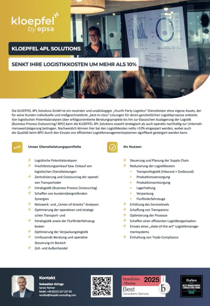 Informationsblatt von KLOEPFEL 4PL Solutions mit Details zu Logistiklösungen und Kostensenkung.