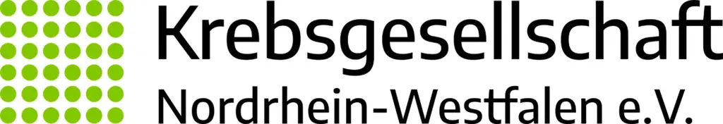 Logo der Krebs gesellschaft Nordrhein-Westfalen e.V. mit grünen Punkten und schwarzem Text.