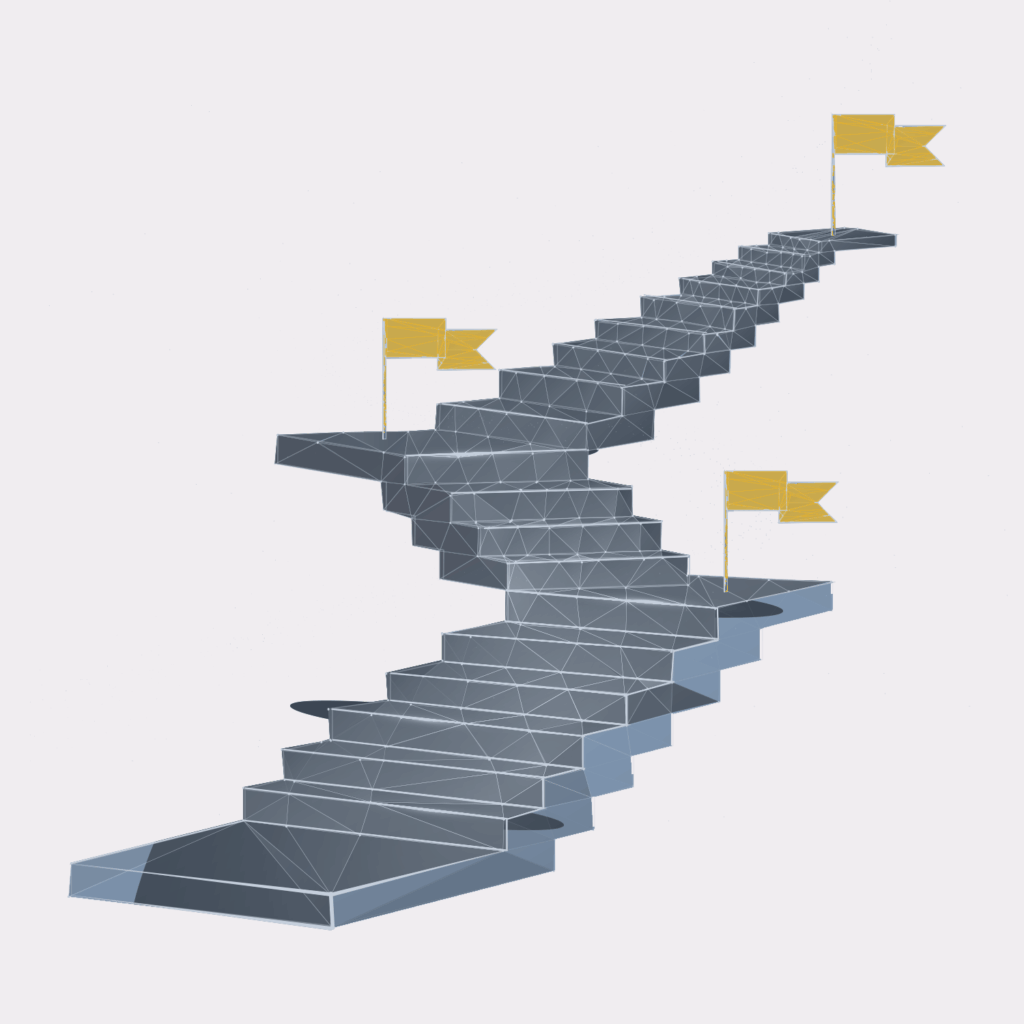 Grafik einer Treppe mit mehreren Stufen und gelben Fahnen an der Spitze.