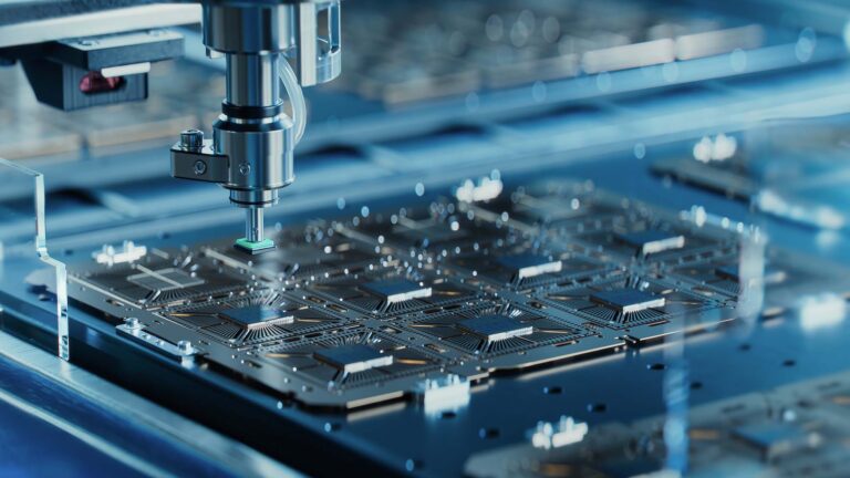 Maschine zur Bearbeitung von Leiterplatten mit präziser Technologie in einem industriellen Umfeld.