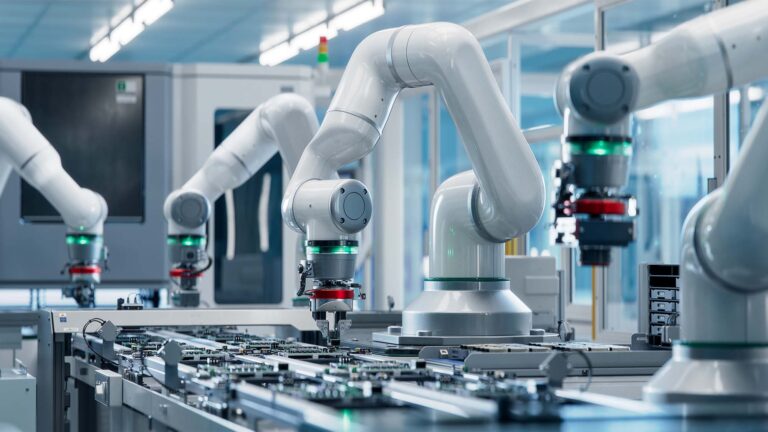 Industrielle Roboterarme, die an einem Förderband in einer Fertigungsumgebung arbeiten.